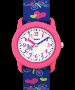 Kids Timex Kids Watches*TIME MACHINES® 29mm Butterflies and Hearts Blue Elastic Fabric K
